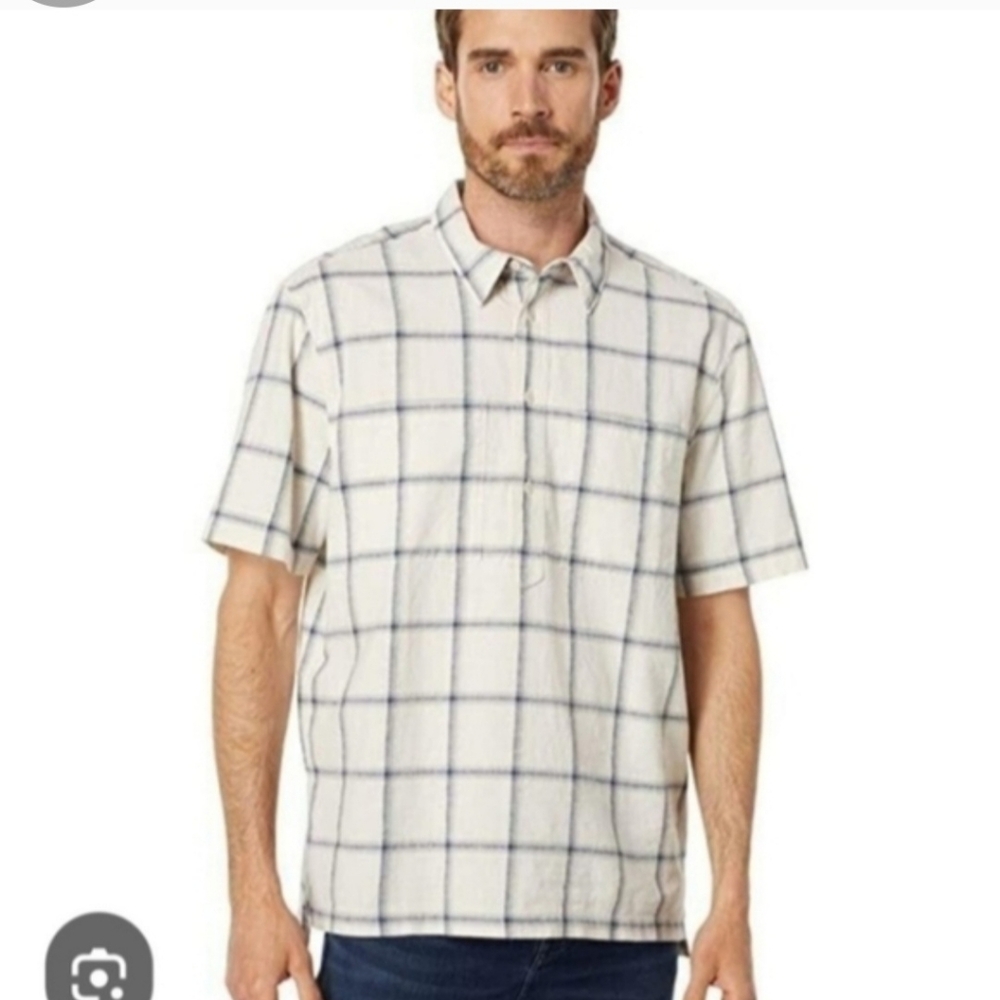 Short-Sleeve Windowpane Shirt - Cream with Navy Check Sz XL